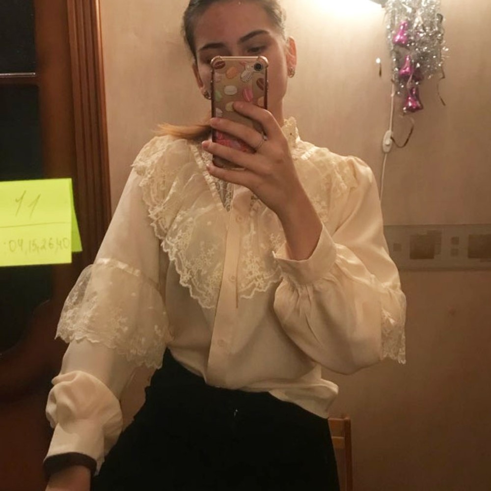 Lace Up Ruffled Blouses Loose Stand Collar Ladies Tops Lace Shirts Apricot XL US